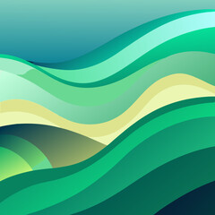 Abstract flowing waves of green and teal colors create a serene and natural landscape background