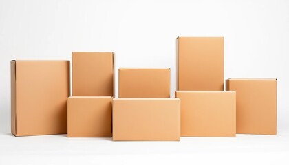Obraz premium Seven light brown cardboard boxes, various sizes, standing upright on white background, container, brown package