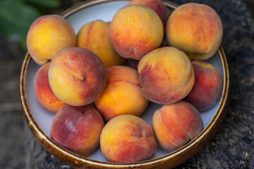 Pile of Fresh, Ripe Peaches Displayed Outdoors