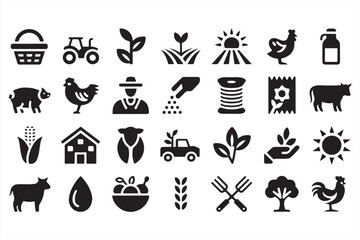 Minimalist farming vector icons featuring poultry, tractor, and harvest symbols © ALI