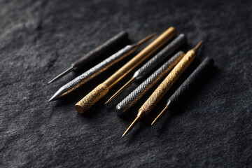 Precision tools on a dark stone surface. Illustrates accuracy, detail, and craftsmanship. Use for engineering, technology, or design concepts.