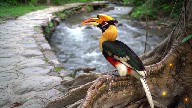 Majestic great hornbill with its distinctive yellow casque perched on gnarled tree roots by a flowing stream in a serene tropical forest