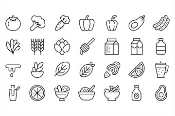 Line art food and drink icon set including fruits, vegetables, and grains