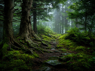 Obraz premium Serene moss-covered forest trail in a misty woodland