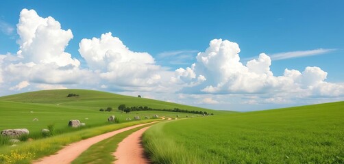 Tranquil green field with dirt road, rocks, fluffy clouds, and blue sky  Vector illustration, tranquil, landscape