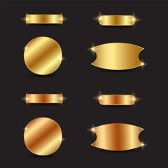 Glossy golden metal plates in various shapes like bars, circles, and banners on dark background, with polished reflections, luxury style, perfect for labels, awards, or premium branding.