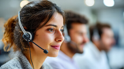 Customer support team member wearing a headset in a call center