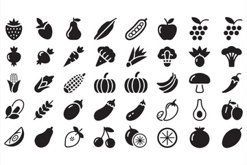 Obraz premium Organic produce icon set including apple, corn, banana, and strawberry