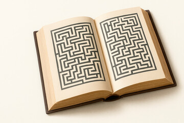 A book whose pages are an intricate labyrinth. Space for text.