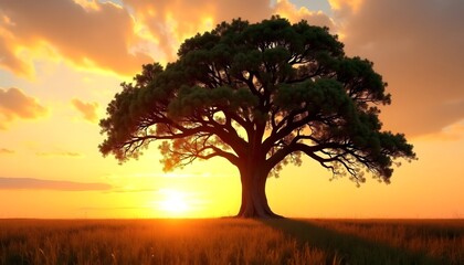 Fototapeta premium Sunset Serenity: A Lone Tree in a Golden Field (AI Generated)