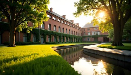 Ivy-covered Brick Building Reflected in Canal at Sunset (AI Generated)