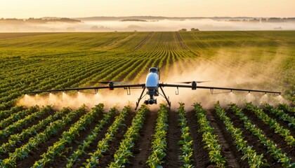 Drone agriculture spraying farmland aerial photography rural landscape sunrise innovation in farming