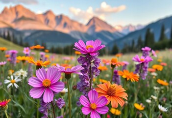 Obraz premium Vibrant wildflowers bloom in a meadow, majestic mountains and pine forest in background, vibrant colors, wallpaper