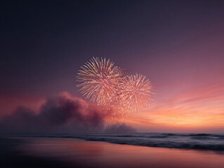 Dramatic ocean vista featuring brilliant fireworks at dusk. Evokes celebration, hope, and new beginnings. Great for event promotions and holiday themes.