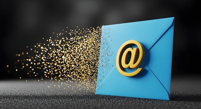 Blue envelope with golden at sign and flying glitter. Mail notification concept. Digital communication symbol or sparkling announcement.