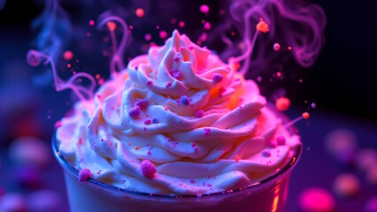 A vibrant, colorful dessert with whipped cream, topped with sprinkles, exuding a whimsical and inviting atmosphere.
