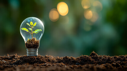 Innovative idea symbolized by a light bulb with a growing plant inside, representing sustainability and green energy