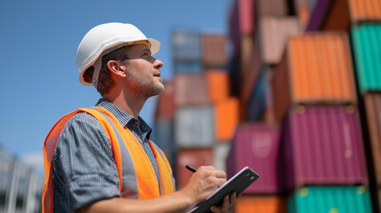 Fototapeta premium Shipping Yard Inspector Overseeing Container Stacks in Clear Sky