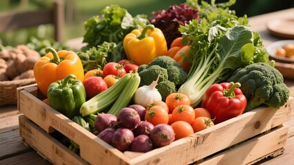 Fresh vegetables and fruits displayed in wooden crates, including bell peppers, tomatoes, broccoli, and leafy greens.