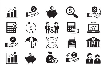 Minimal finance symbol collection including currency, growth, and insurance