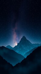 Illustration of towering mountain range under a luminous night sky with a celestial glow