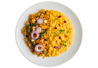 Full view of a white plate in the frame. The left half shows egg fried rice. The right half displays gourmet saffron risotto with flowers.