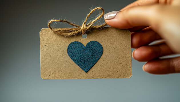 Hand holding a gift tag with a blue heart and a string bow, symbolizing love and appreciation