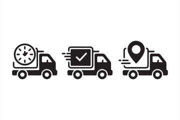 Order delivery truck pictograms with time, verification, and destination icons