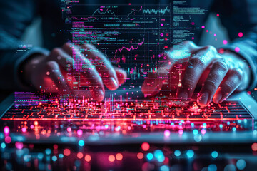 Futuristic data analysis with digital interface and glowing holographic display