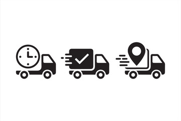 Monochrome truck icons representing on-time logistics and parcel services