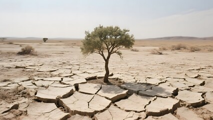 A solitary tree stands resiliently amidst a vast, cracked, arid landscape under a clear sky.