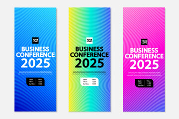 Set of three modern vertical banners for a business conference, featuring a hypnotic concentric circle pattern. Includes blue, lime green, and pink color variations.