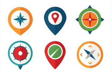 Collection of six colorful location pins and compass icons, representing navigation and direction, isolated on white background