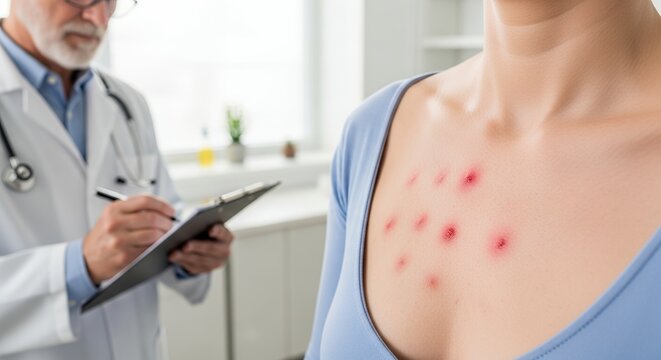 Close Up of Woman's Chest with Red Allergy Spots Examined by Doctor in White Coat Holding Clipboard in a Clinic with Natural Light - Powered by Adobe