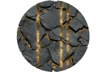 Circular pattern of dark gray, uneven stones, with vertical gold lines