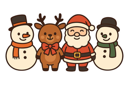 Vector illustration of Santa celebrating holidays with his family, including Reinder, Snowman, and Mrs Claus, isolated on a transparent background