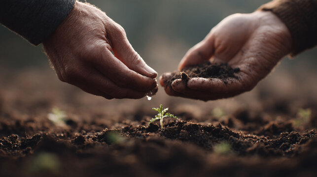 Hands gently nurturing a seedling. Symbolizes growth, care, and sustainability. Perfect for environment, agriculture, or personal development themes. Hope, new beginnings.