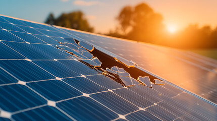 Damaged solar panels: A renewable energy source faces disruption due to broken module. Requires repair or replacement. Sustainability challenges arise.