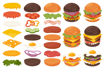 Collection of burger ingredients, toppings, buns, patties, cheese, vegetables, and complete burgers, ideal for menu design or food projects, isolated on white background vector illustration