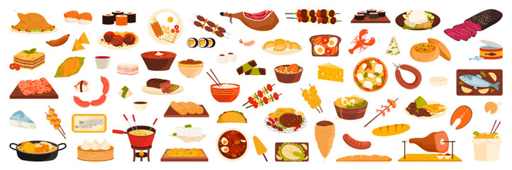 Diverse international foods including sushi, pizza, cheese, seafood, noodles, and desserts from around the world, arranged in a colorful set isolated on white background vector illustration