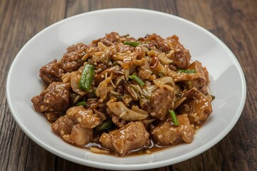 Deliciously glazed crispy chicken dish with vegetables
