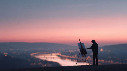 Obraz premium Silhouette of artist painting a cityscape at dusk. Evokes creativity, inspiration, and capturing beauty. Ideal for art, travel, and lifestyle concepts.