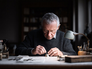 Intense, moody image of a senior craftsman meticulously working. Evokes themes of dedication, expertise, detail, focus and artistry. Ideal for portraying skill, passion, and heritage.