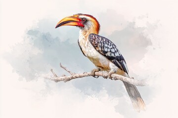 Obraz premium Watercolor illustration of exotic hornbill bird with vibrant beak sitting on tree branch, hand-painted in naturalistic style with detailed feathers and soft textures