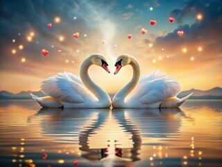 Elegant Swans Forming Heart Shape, Romantic Love, Minimalist Nature Scene