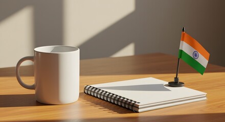 A white mug, a notebook, and a small Indian flag sit on a wooden surface in bright sunlight.