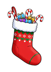 A Holiday Stocking Overflowing with Gifts and Ornaments, Cut Out, Clipping Path Isolated on a Transparent PNG Background.