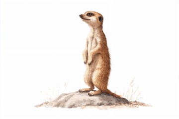 Fototapeta premium Watercolor illustration of a meerkat standing upright on a rock in a warm desert setting with soft neutral tones
