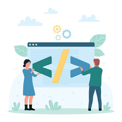 Web developement technology vector illustration. Cartoon tiny people holding program digital code symbols, team of man and woman developers coding software application or website project in network