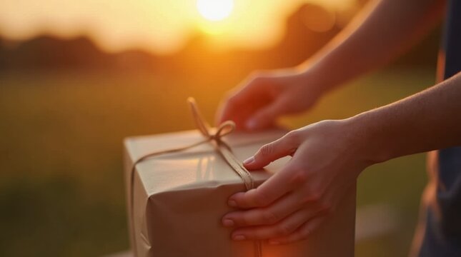 Hand Opening a Brown Paper Wrapped Package at Sunset 